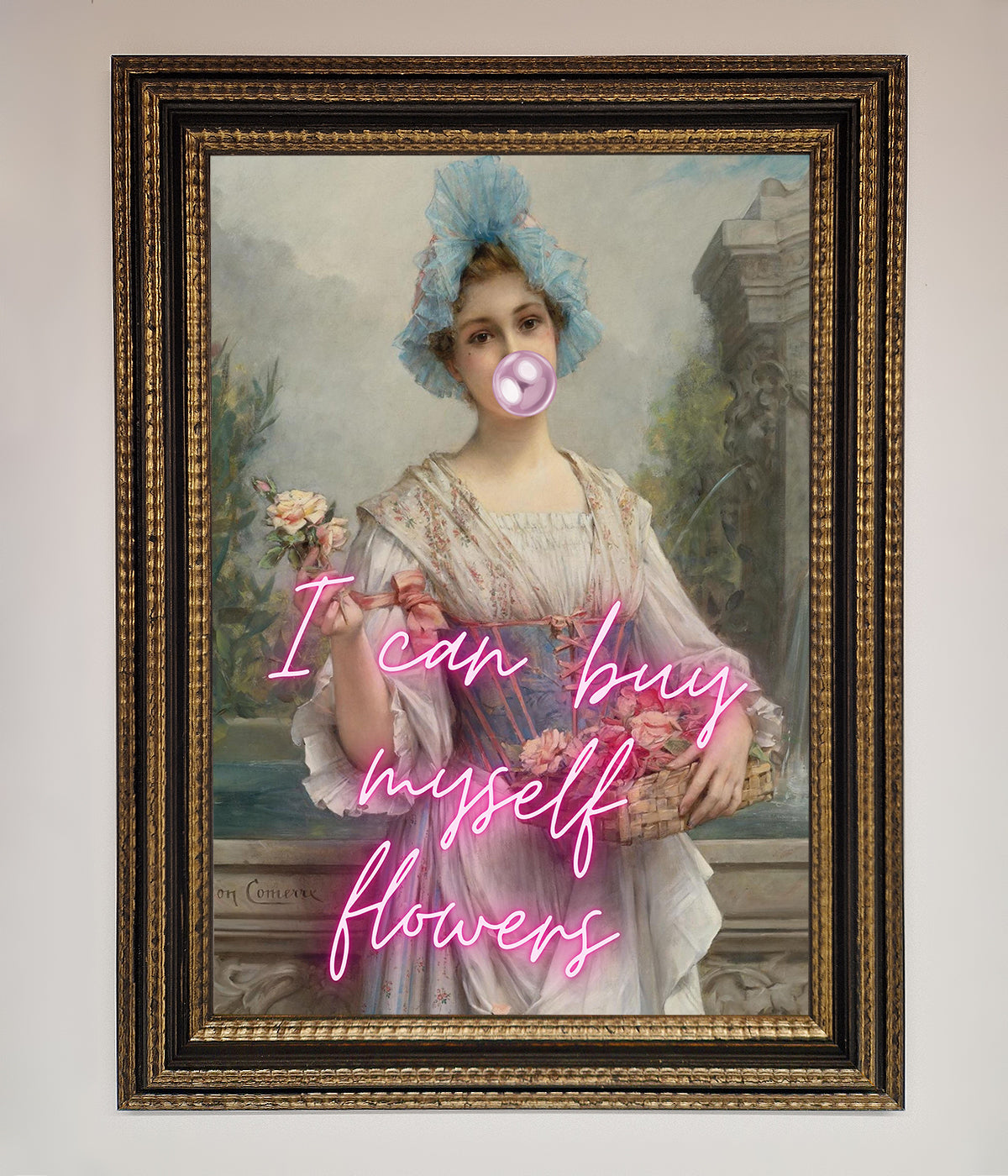 I Can Buy Myself Flowers framed print with vintage artwork and neon text.