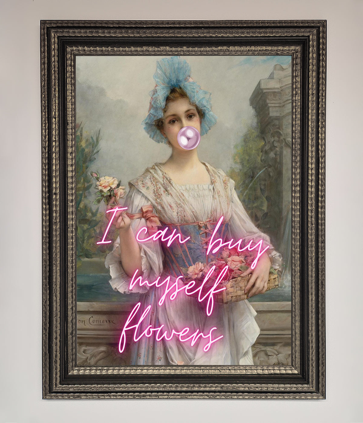 I Can Buy Myself Flowers framed print featuring classic portrait with neon text.