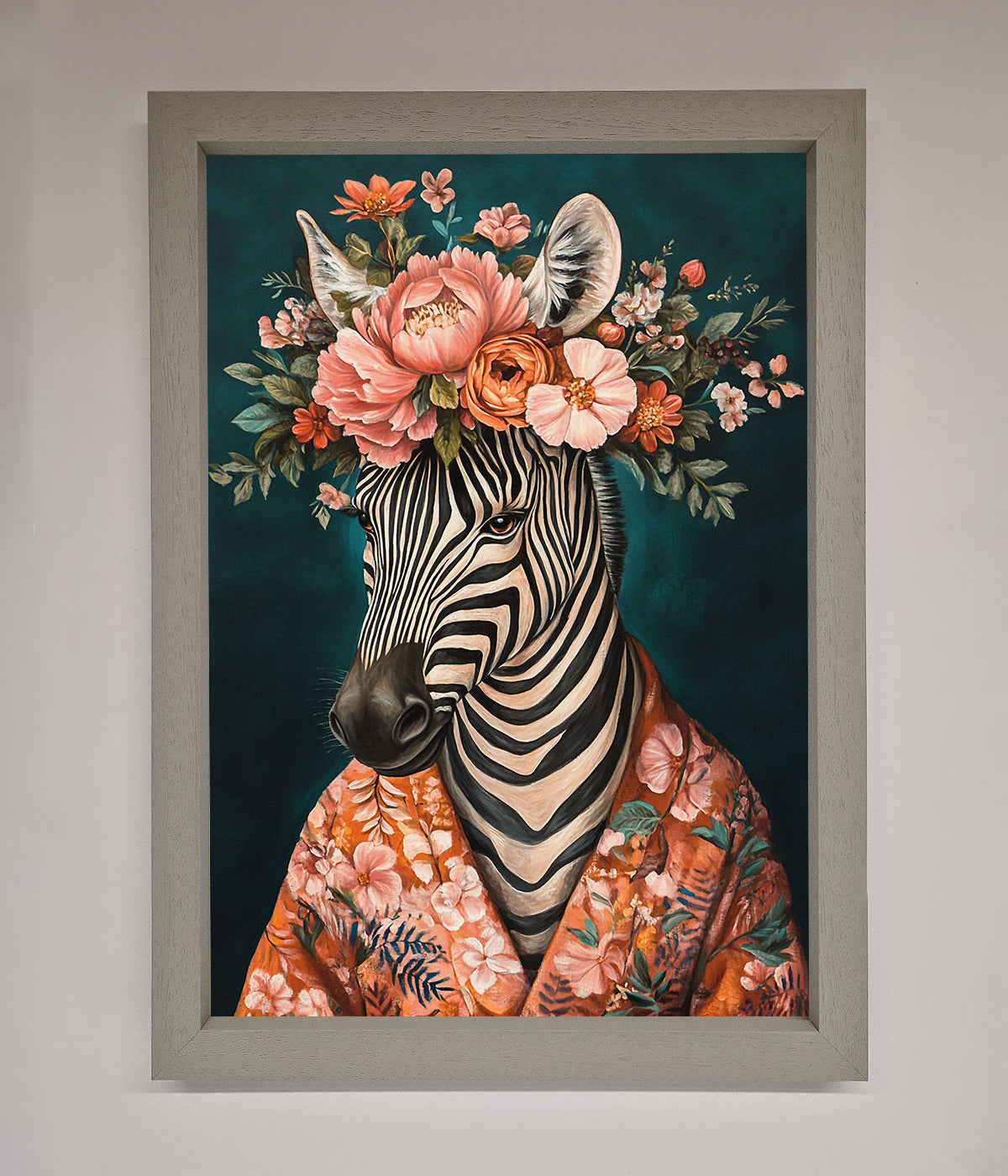 Kimono Zebra Flowers Framed Wall Art print