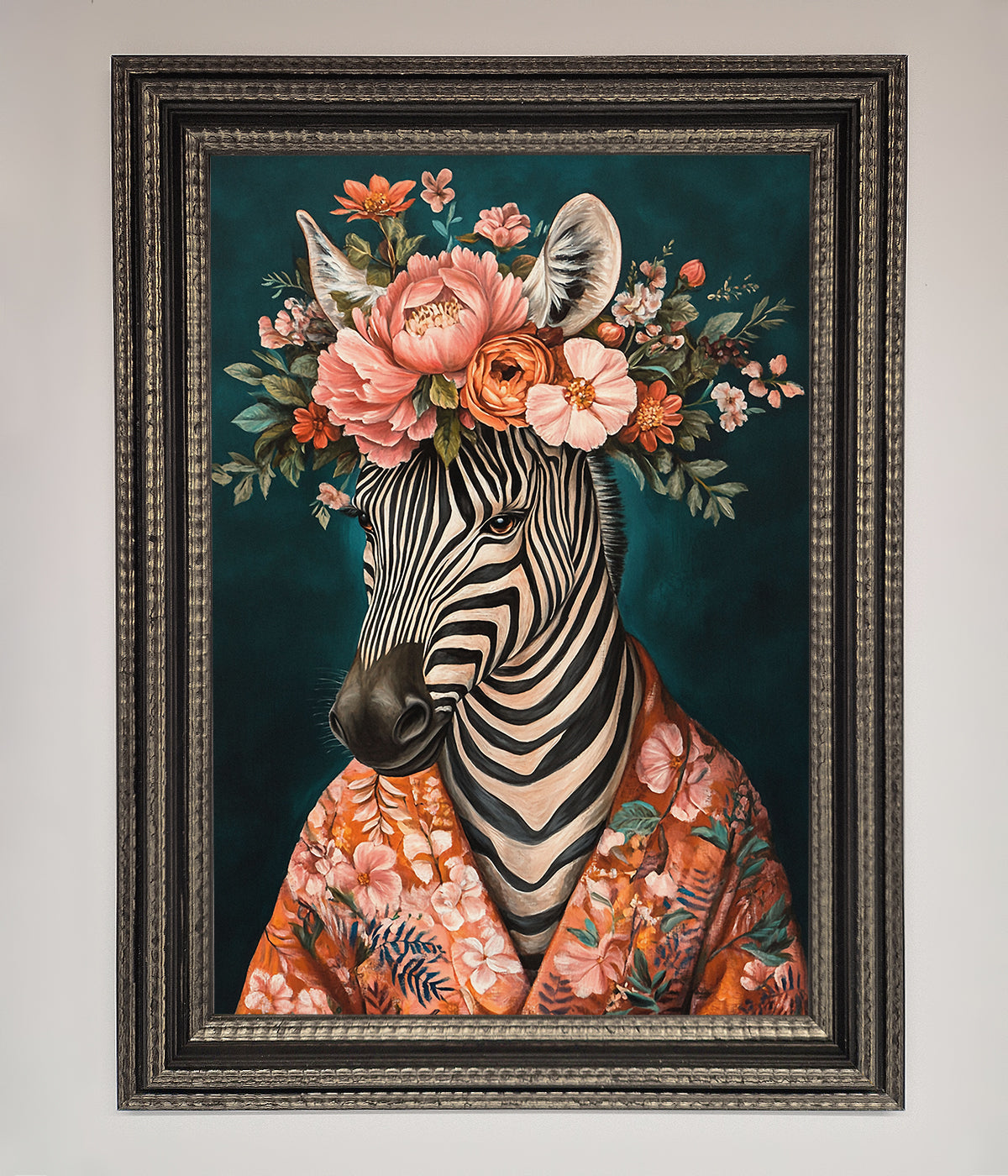 Kimono Zebra Flowers Framed Wall Art print