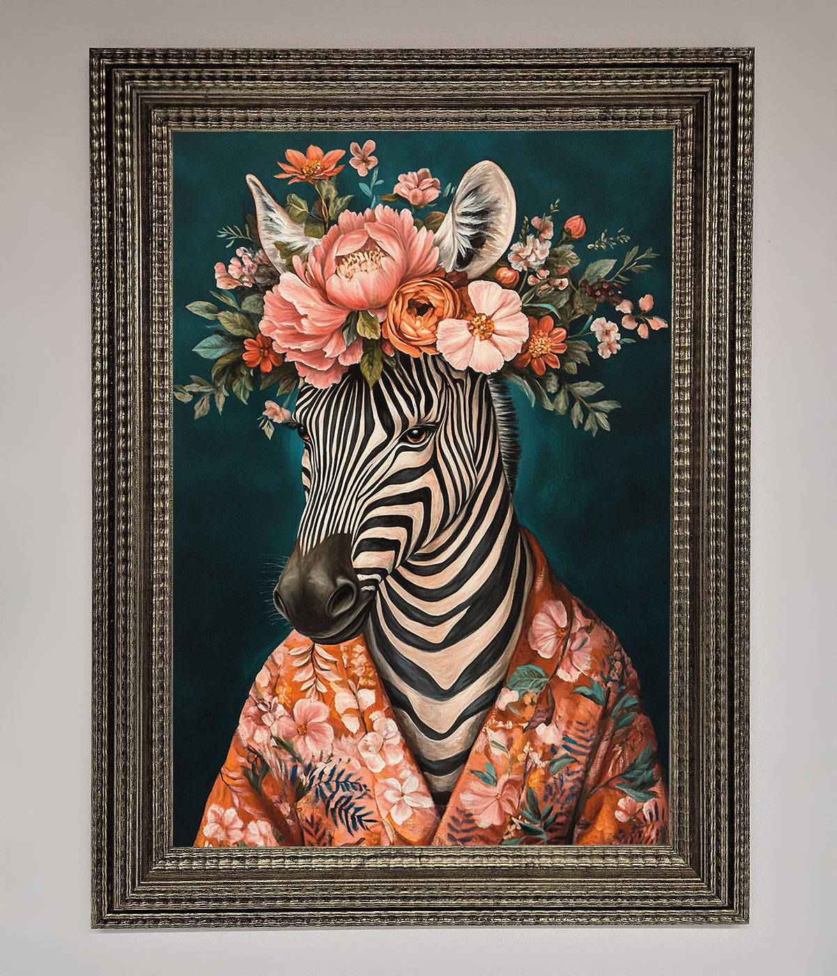 Kimono Zebra Flowers Framed Wall Art print