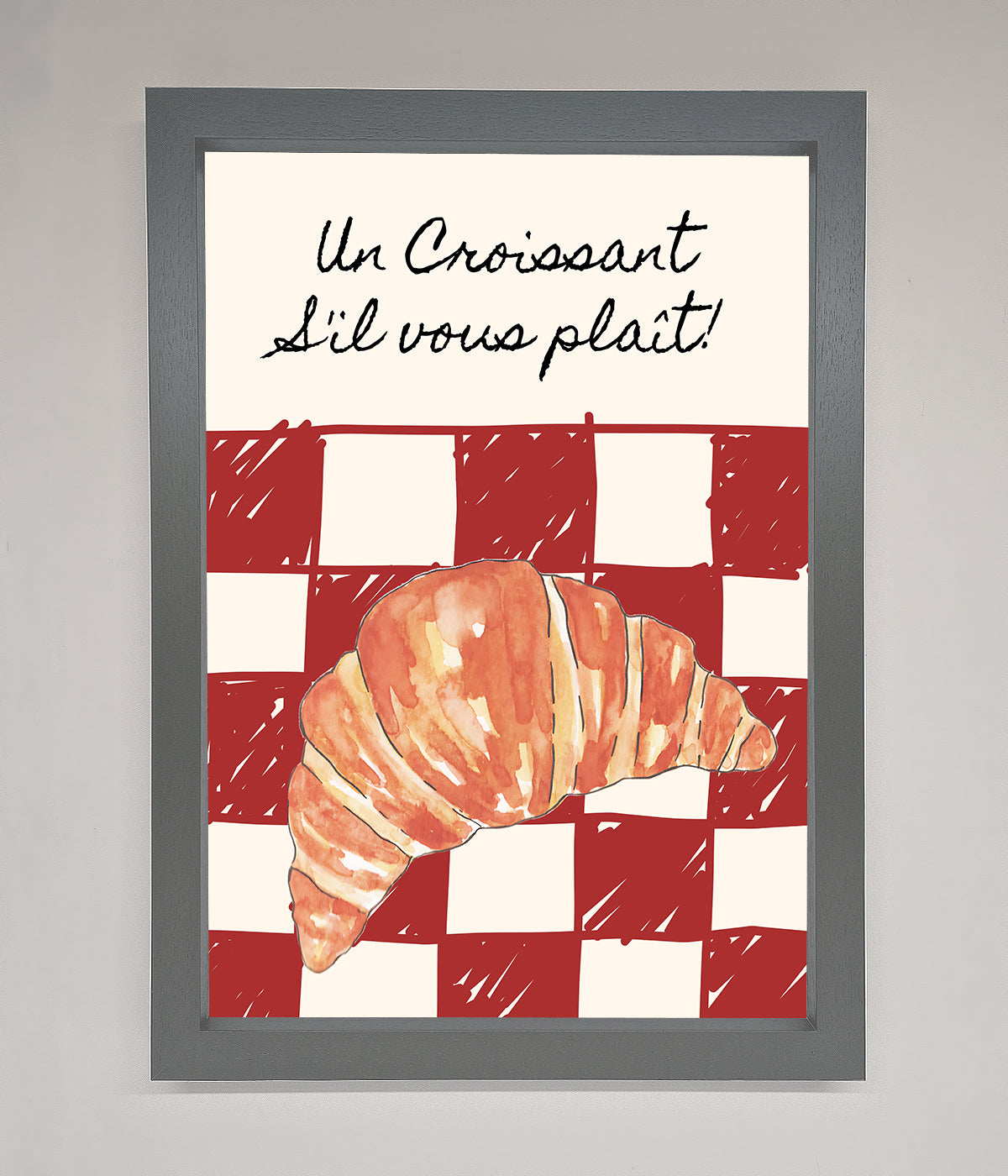 Kitchen croissant red check framed print, French elegance in vibrant design.