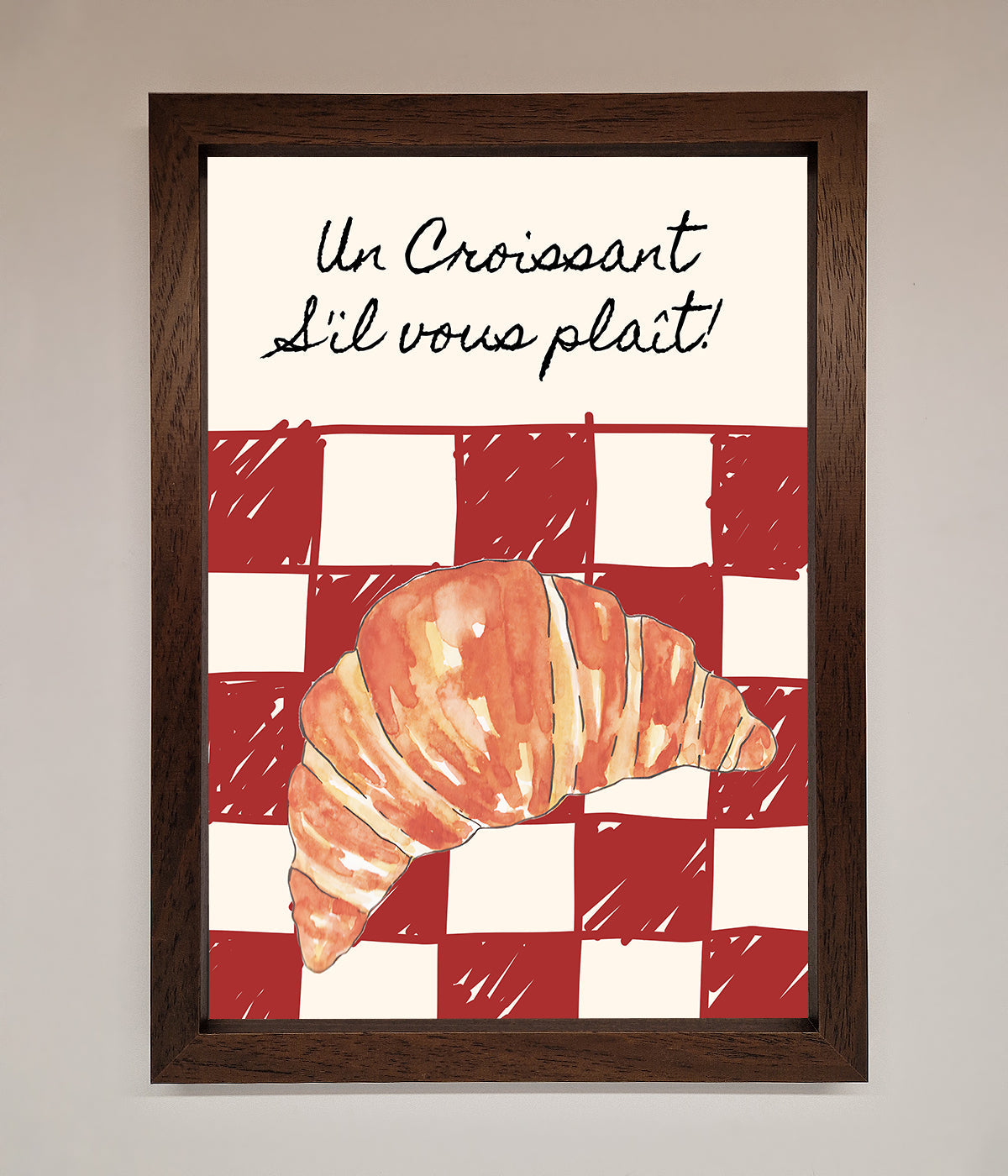 Kitchen Croissant print with red checkered background in a wooden frame.