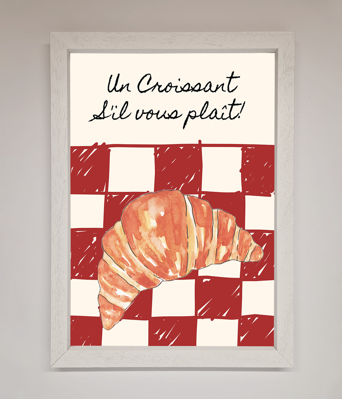 Kitchen croissant red check framed print with French elegance design.