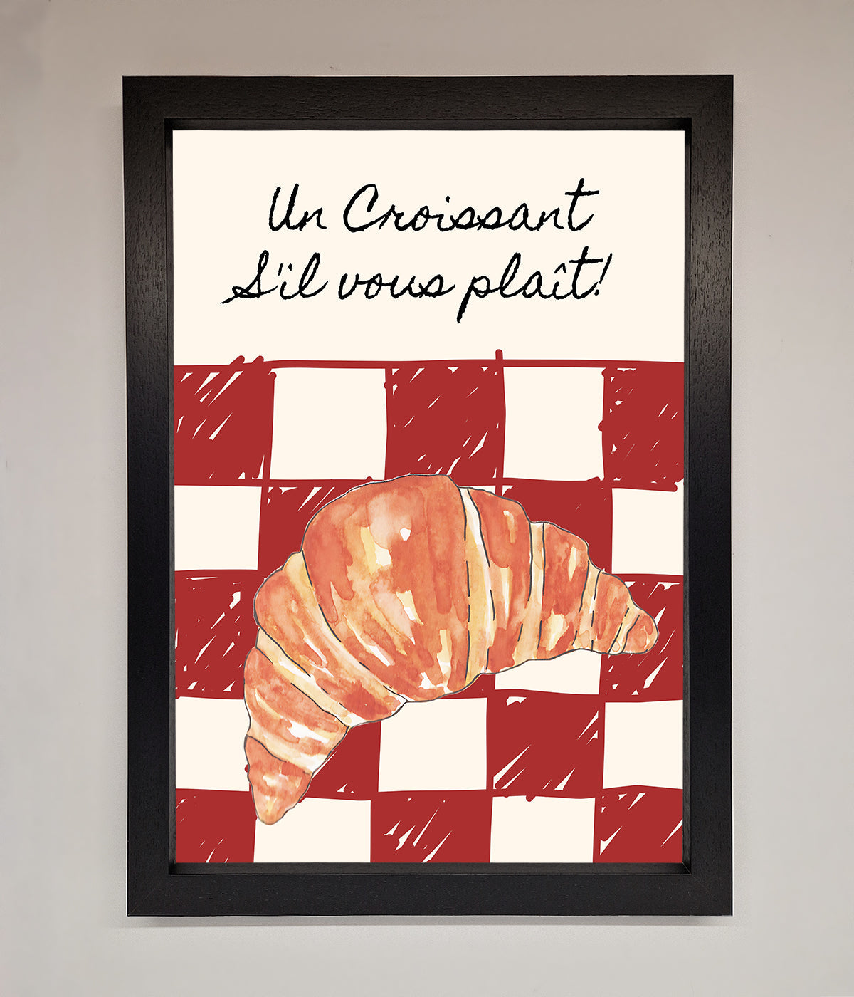 Kitchen croissant red check framed print with French elegance.