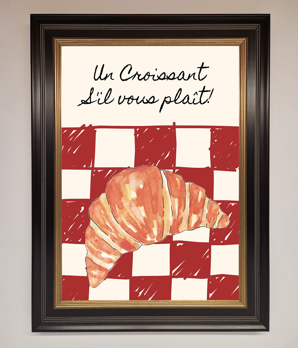 Kitchen Croissant Red Check Framed Print with classic croissant design on red checkered background.