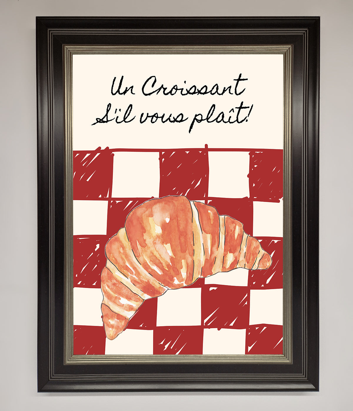 Kitchen Croissant Red Check Framed Print featuring croissant design.