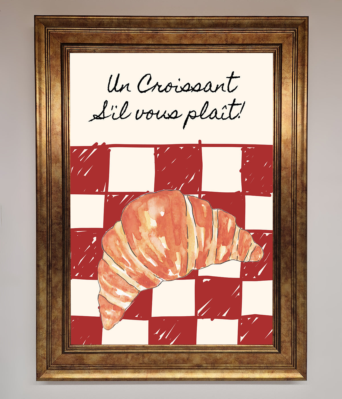 Kitchen Croissant Red Check Framed Print with classic French design.