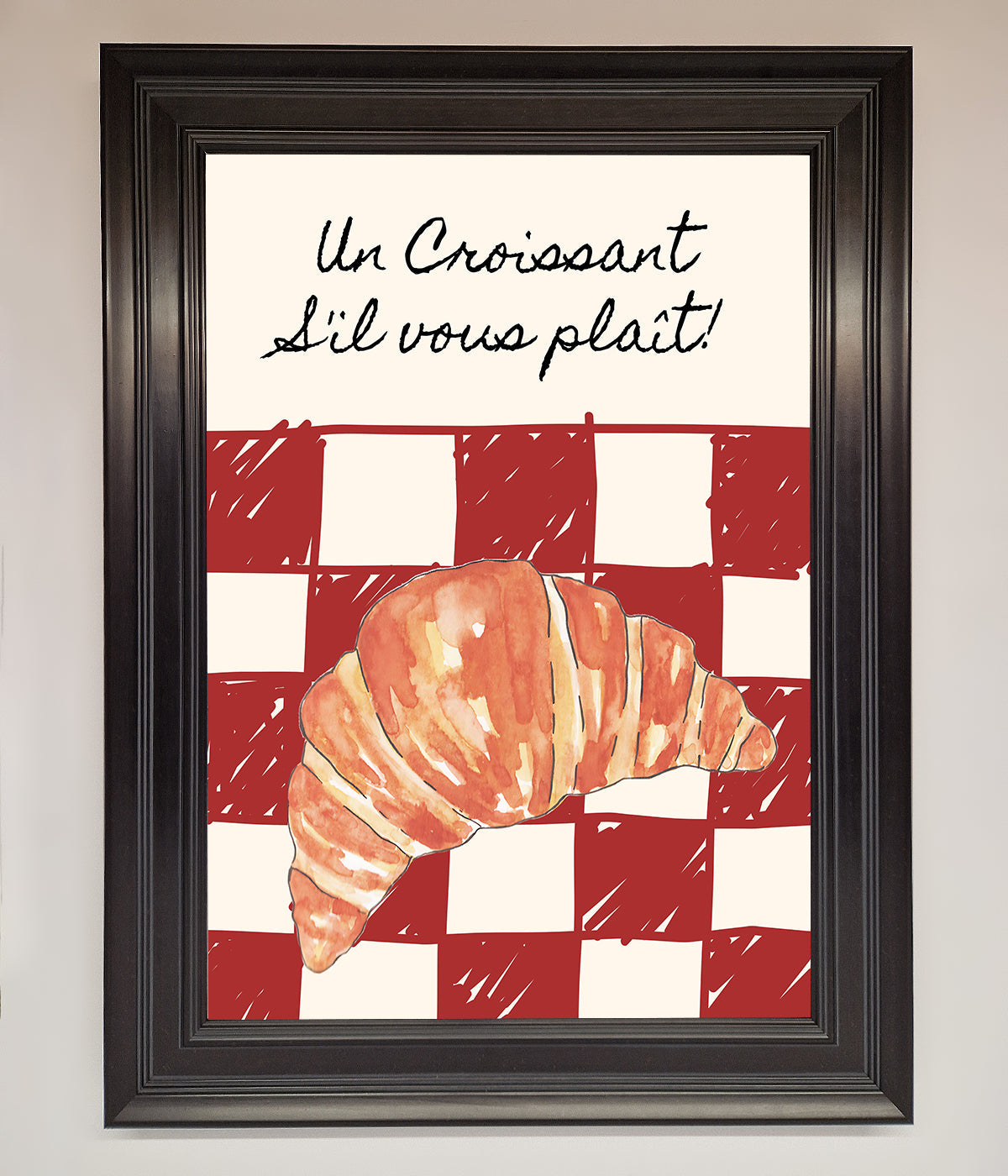 Kitchen croissant red check framed print with elegant French design.