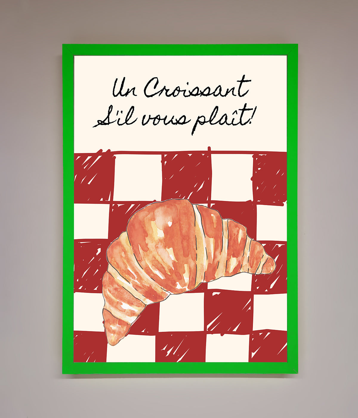 Kitchen Croissant Red Check Framed Print with elegant croissant design and vibrant red checkered background.