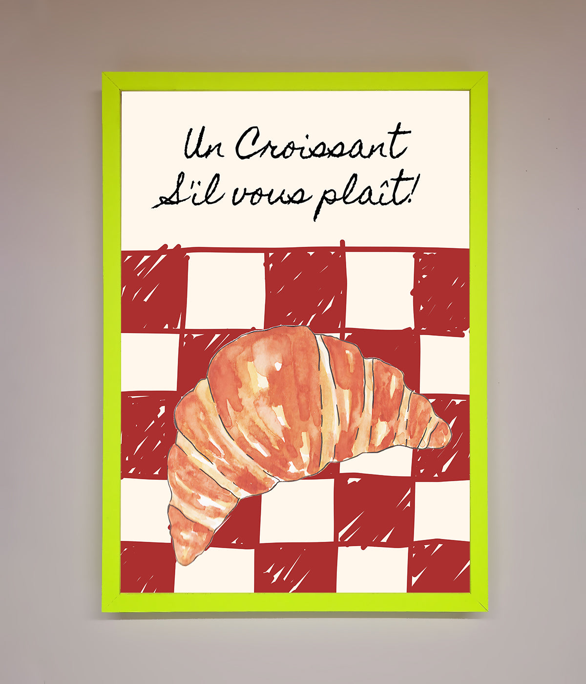 Kitchen Croissant Red Check Framed Print with classic croissant design on vibrant background.