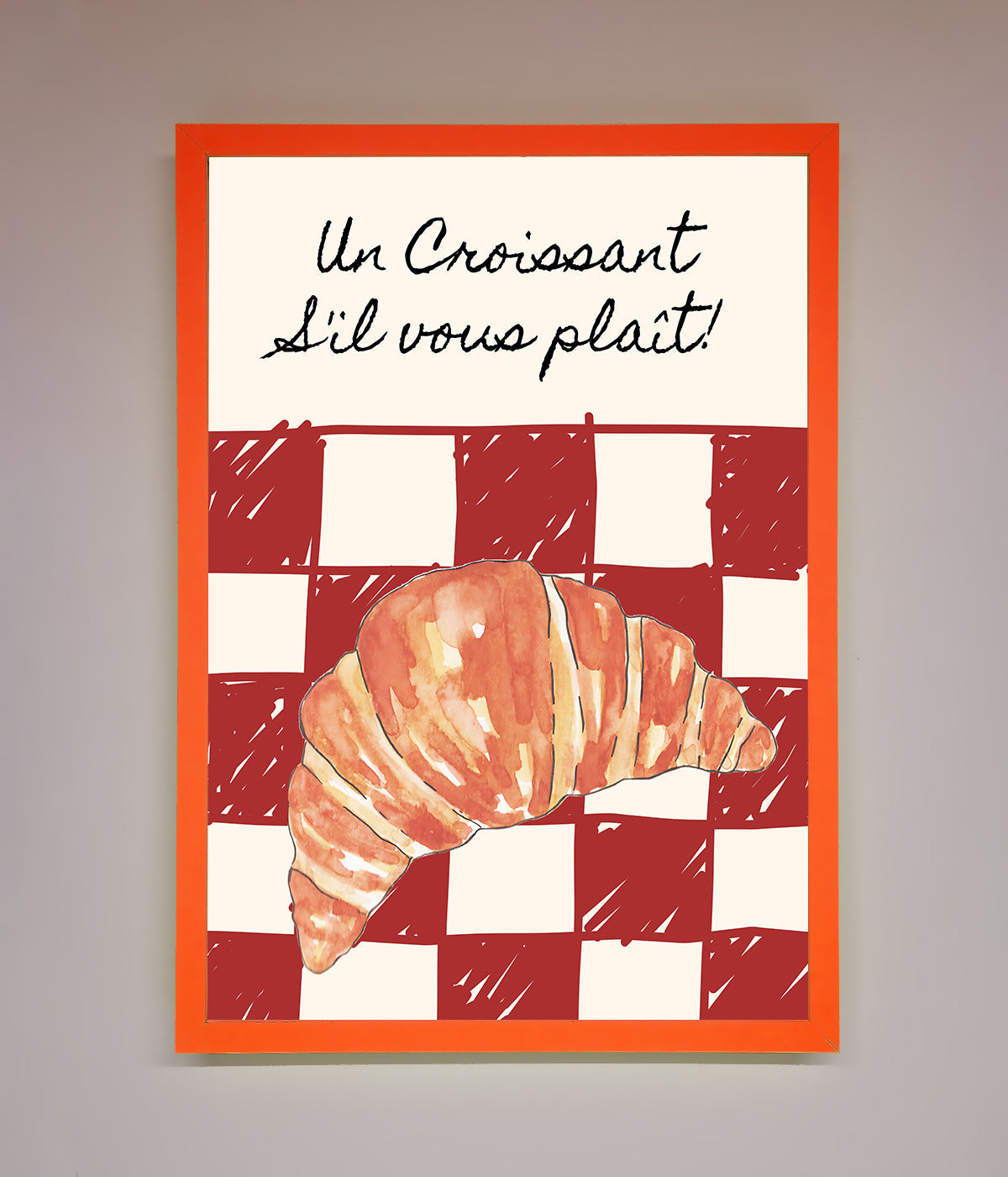 Kitchen croissant red check framed print with French elegance.