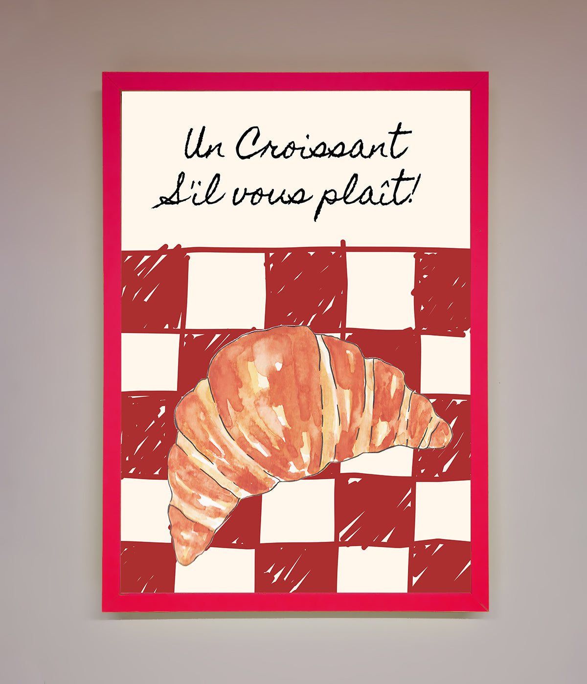 Kitchen Croissant Red Check Framed Print with French croissant design against red checkered background.