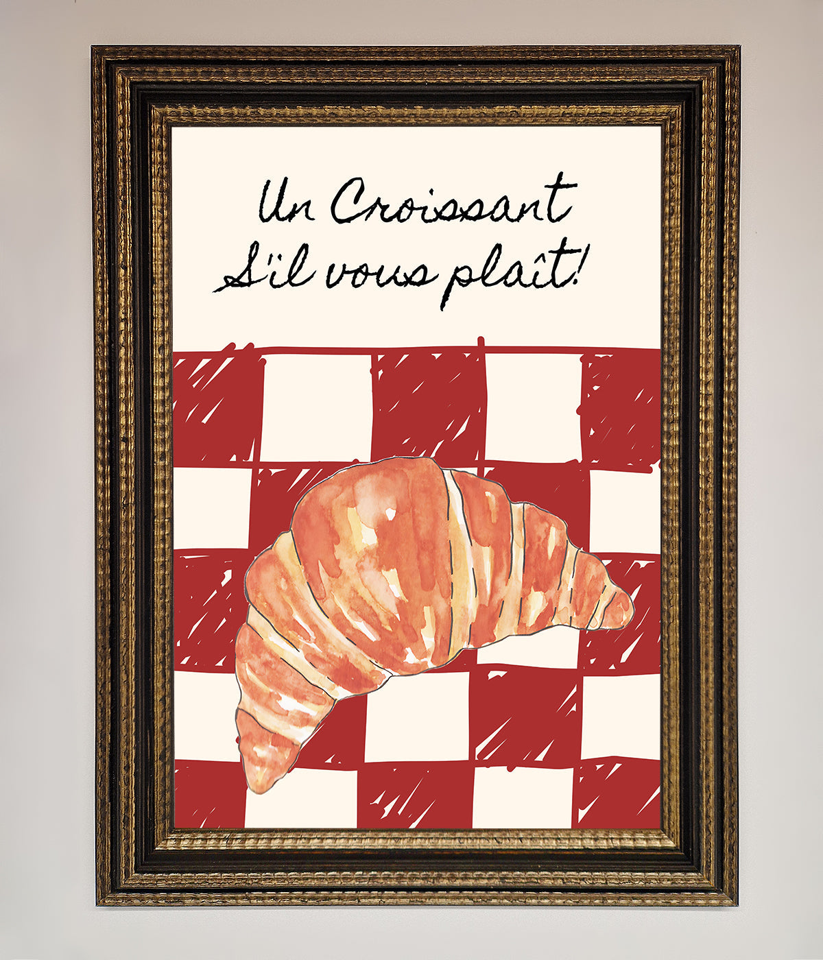 Kitchen Croissant Red Check Framed Print with French elegance.