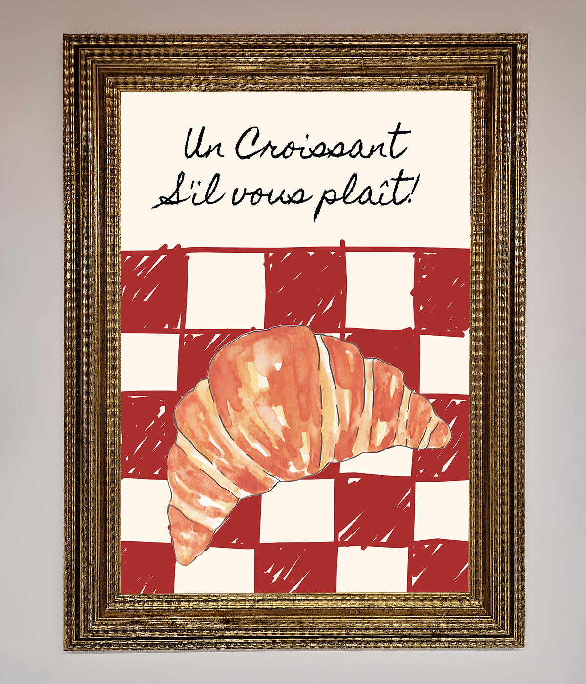 Kitchen Croissant Red Check Framed Print with classic design and vibrant background.