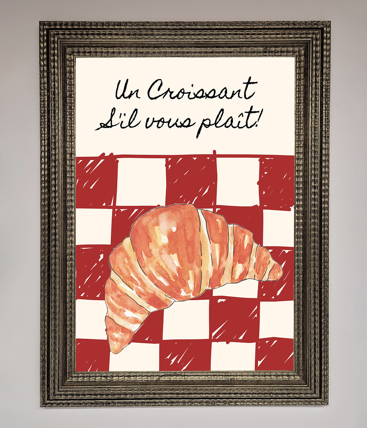 Kitchen croissant red check framed print with elegant French design.