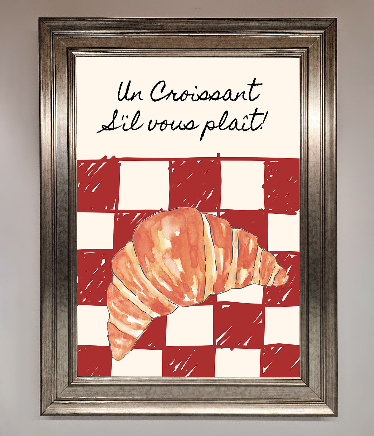 Kitchen Croissant artwork in red check frame.