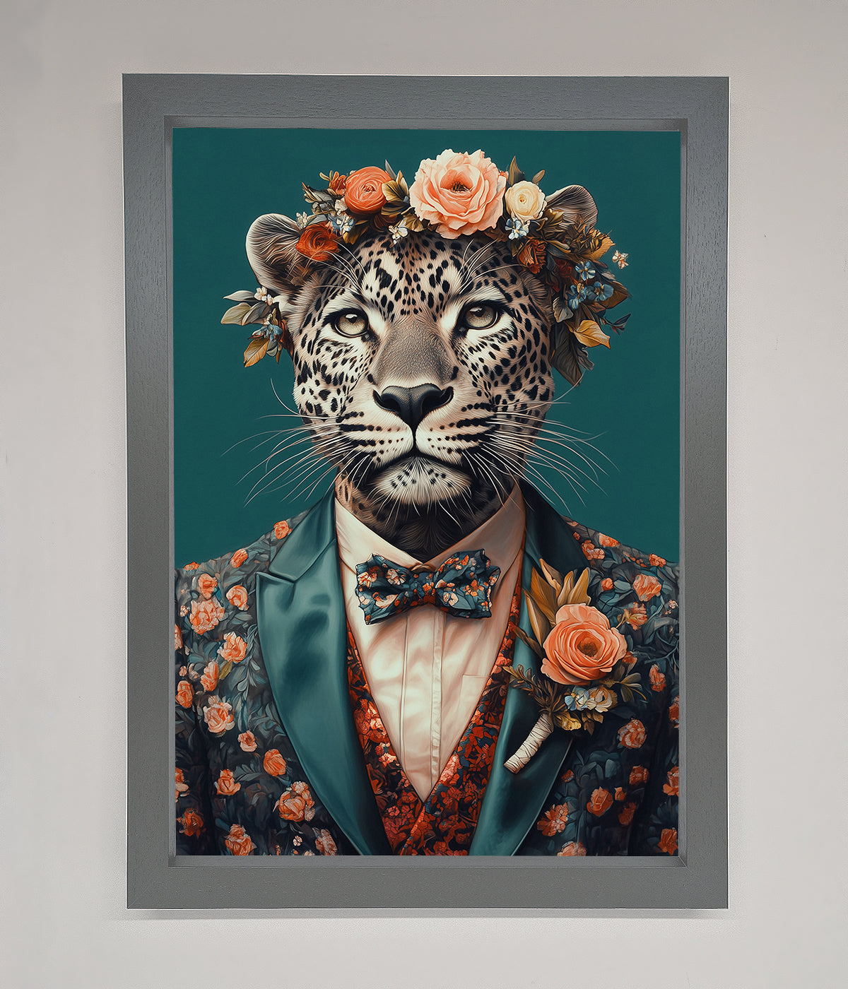 Leopard in a suit with flowers framed print, adding elegance and charm to decor.