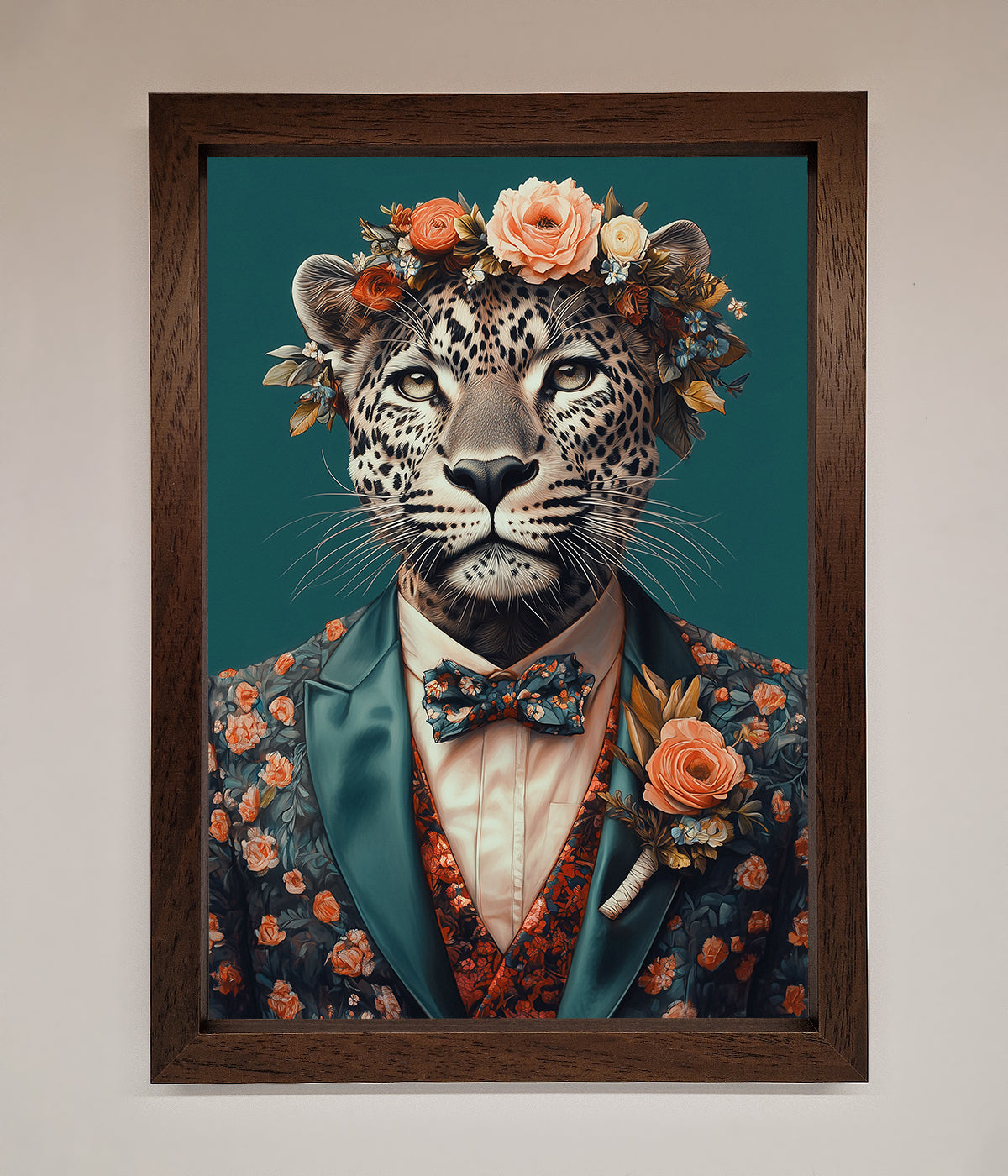 Leopard in a suit with flowers framed print, elegant and whimsical wall art.