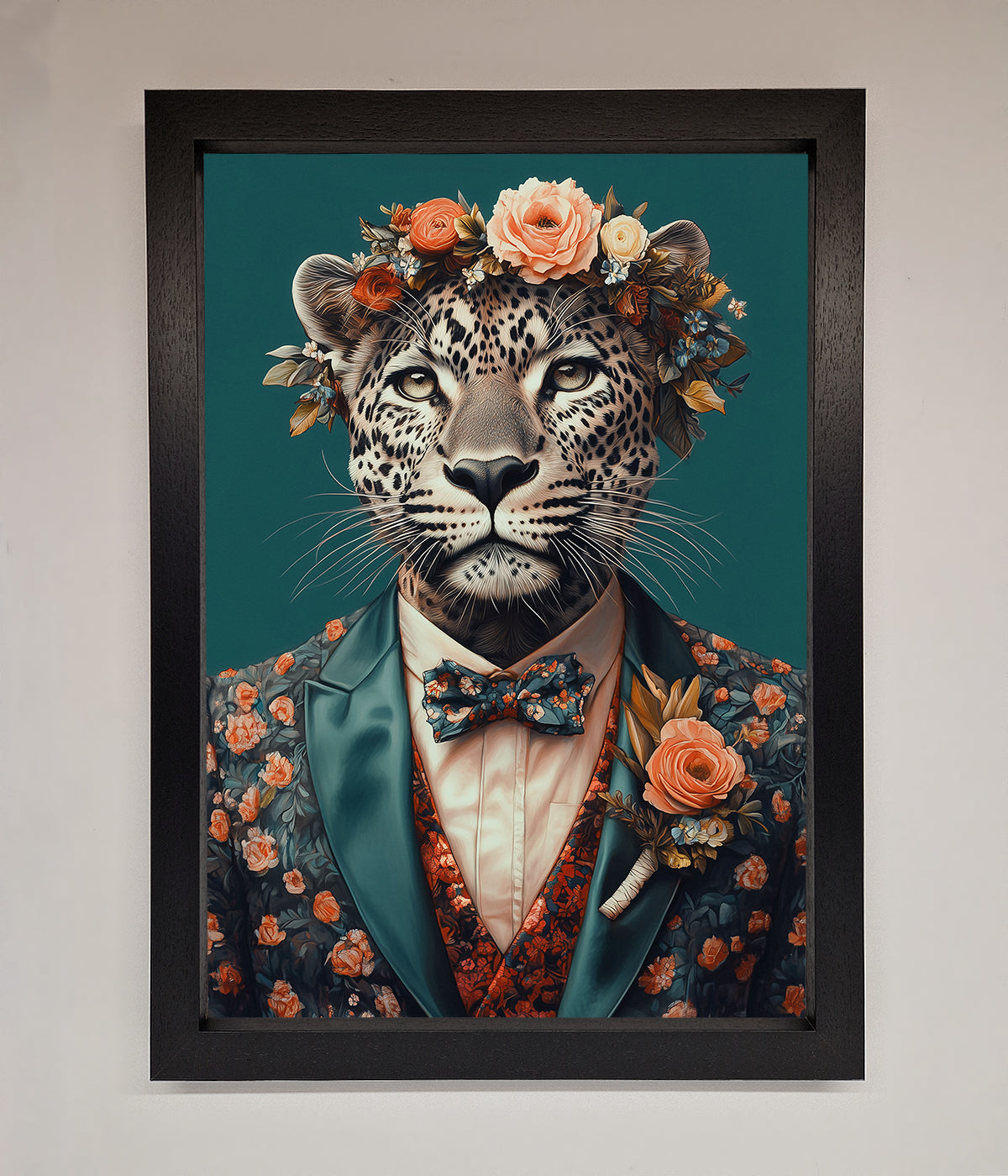 Leopard in a suit with flowers framed print, elegant and whimsical wall art.