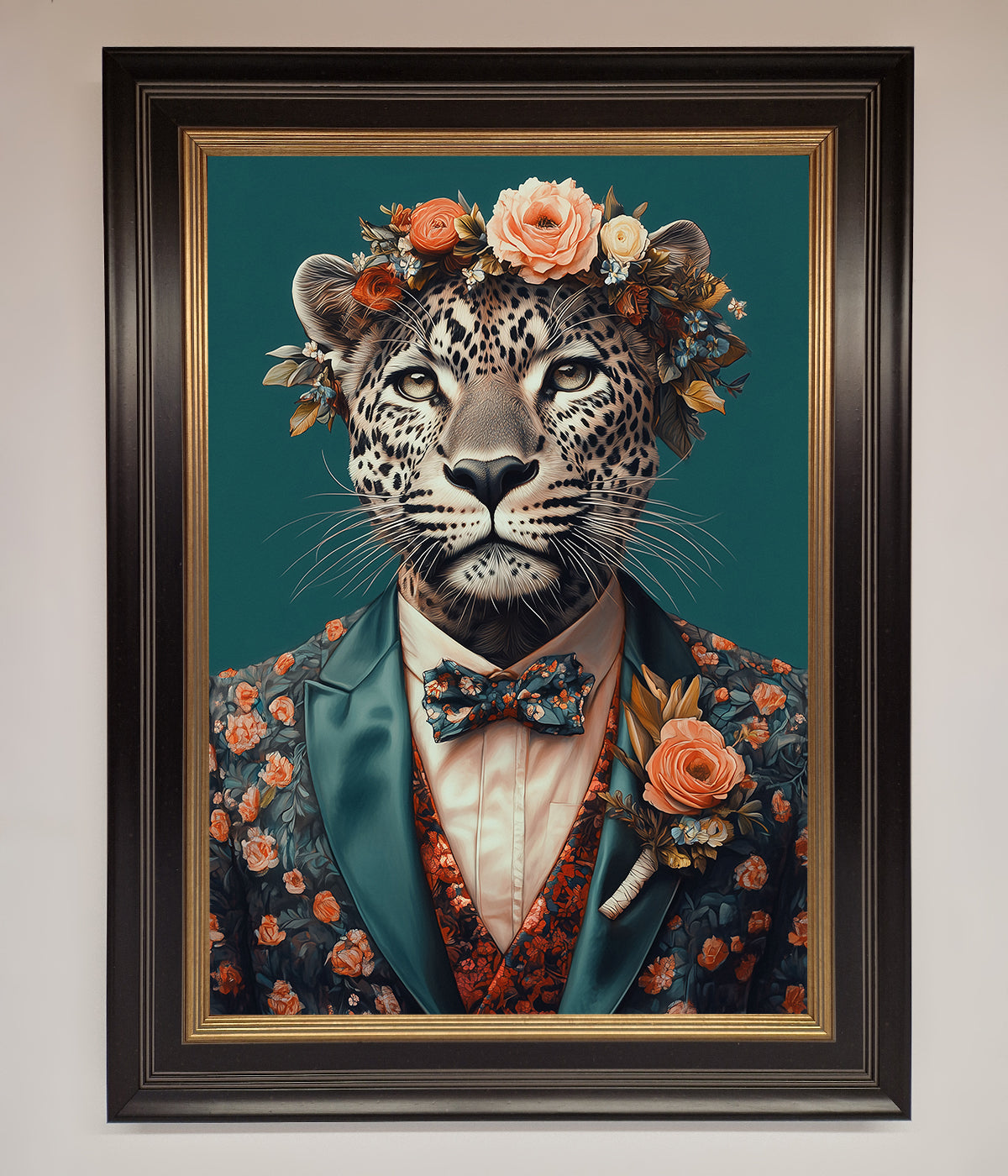 Leopard in a suit with flowers framed print; elegant and whimsical wall art.