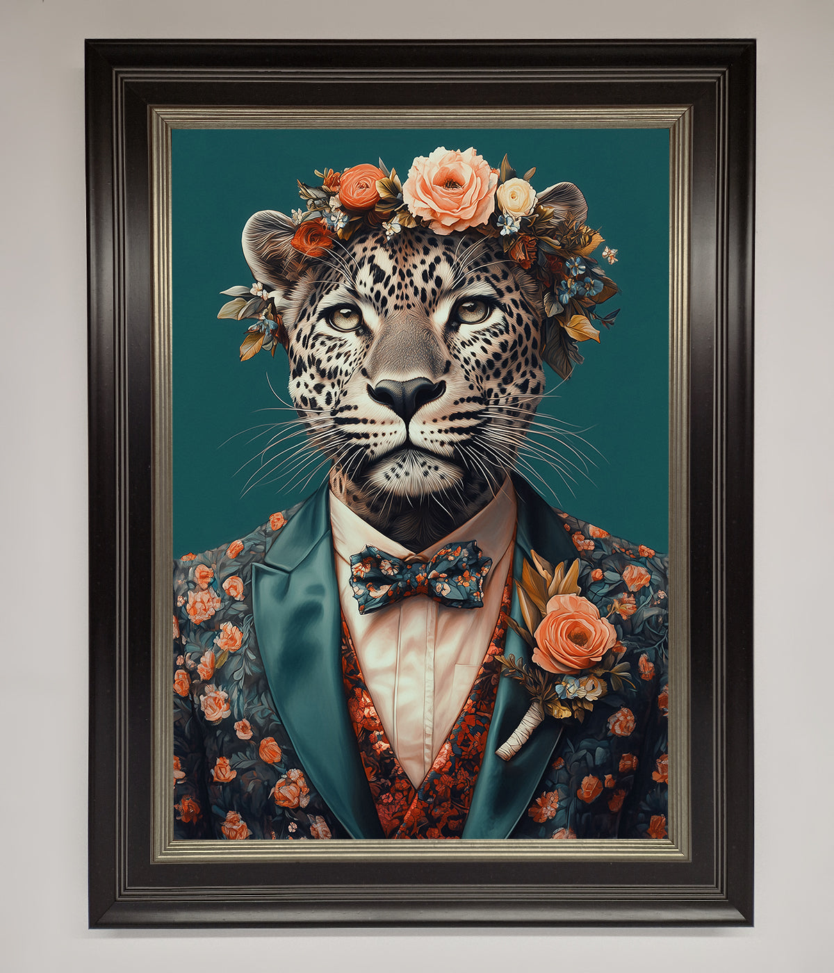 Leopard in a suit with flowers framed print.