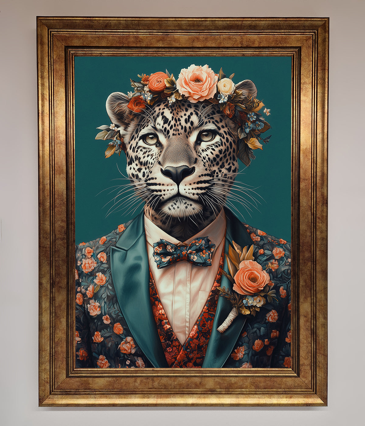 Leopard in a suit with flowers framed print, elegant and whimsical home decor.