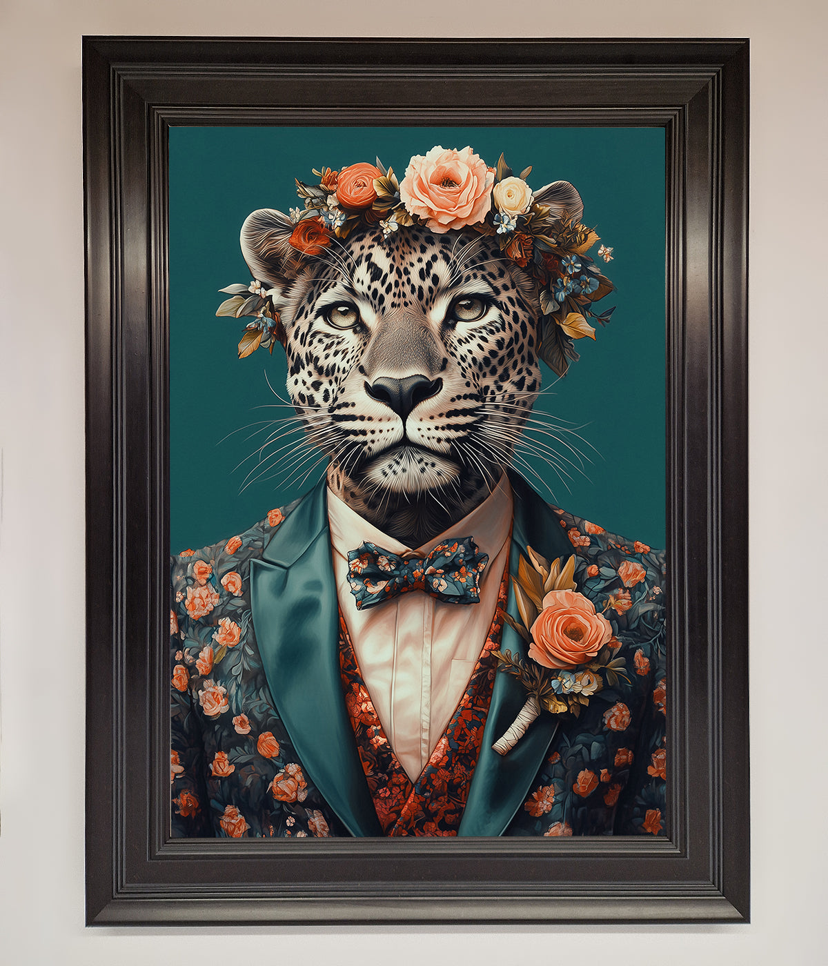 Leopard in a suit with flowers framed print, elegant and whimsical wall art.