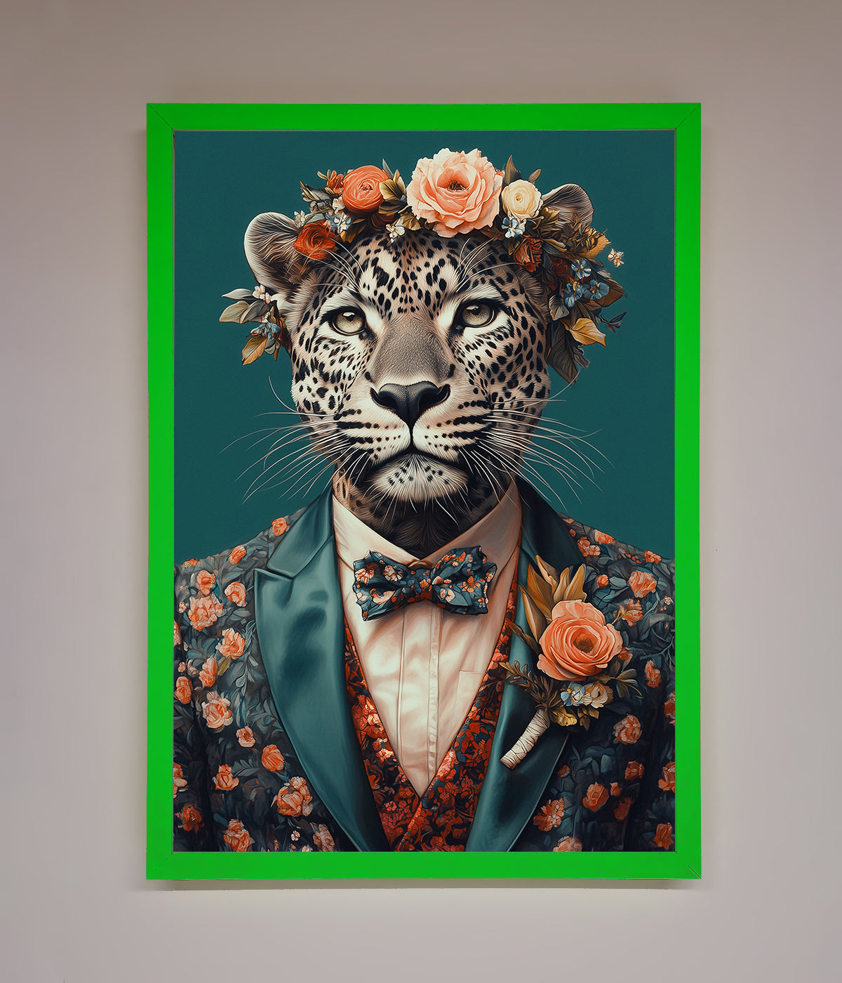 Leopard in a suit with flowers framed print, elegant artwork.