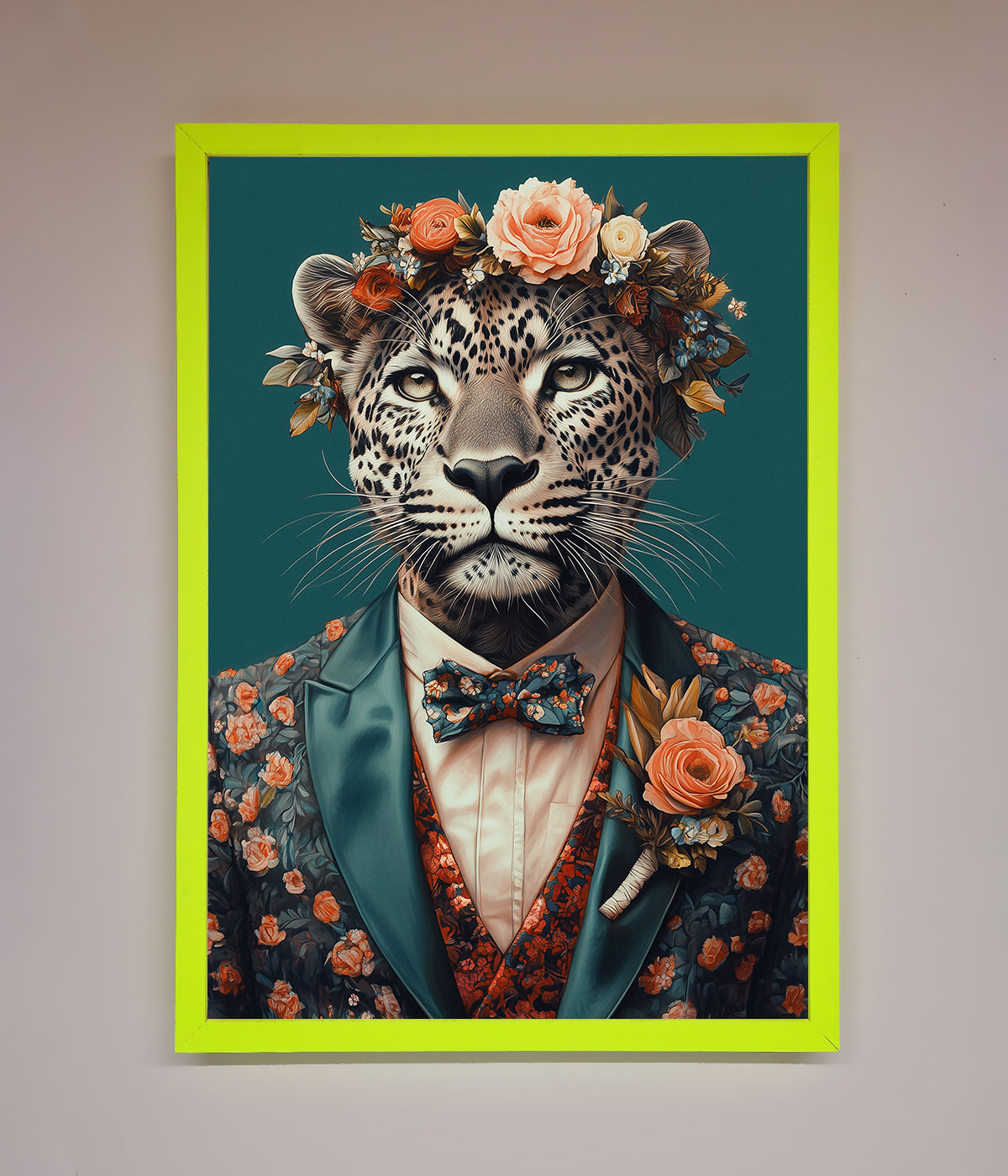 Leopard in a suit with flowers framed print, elegant and whimsical home decor.