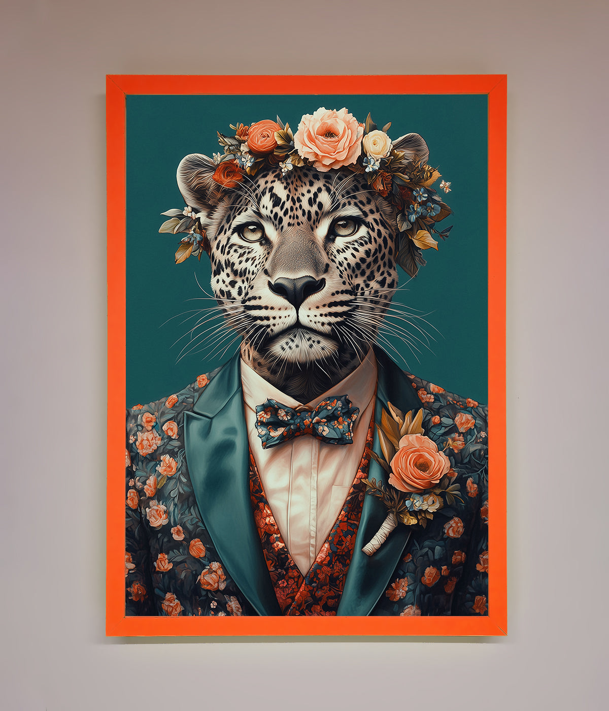 Leopard in a suit with flowers framed print, elegant and whimsical decor.