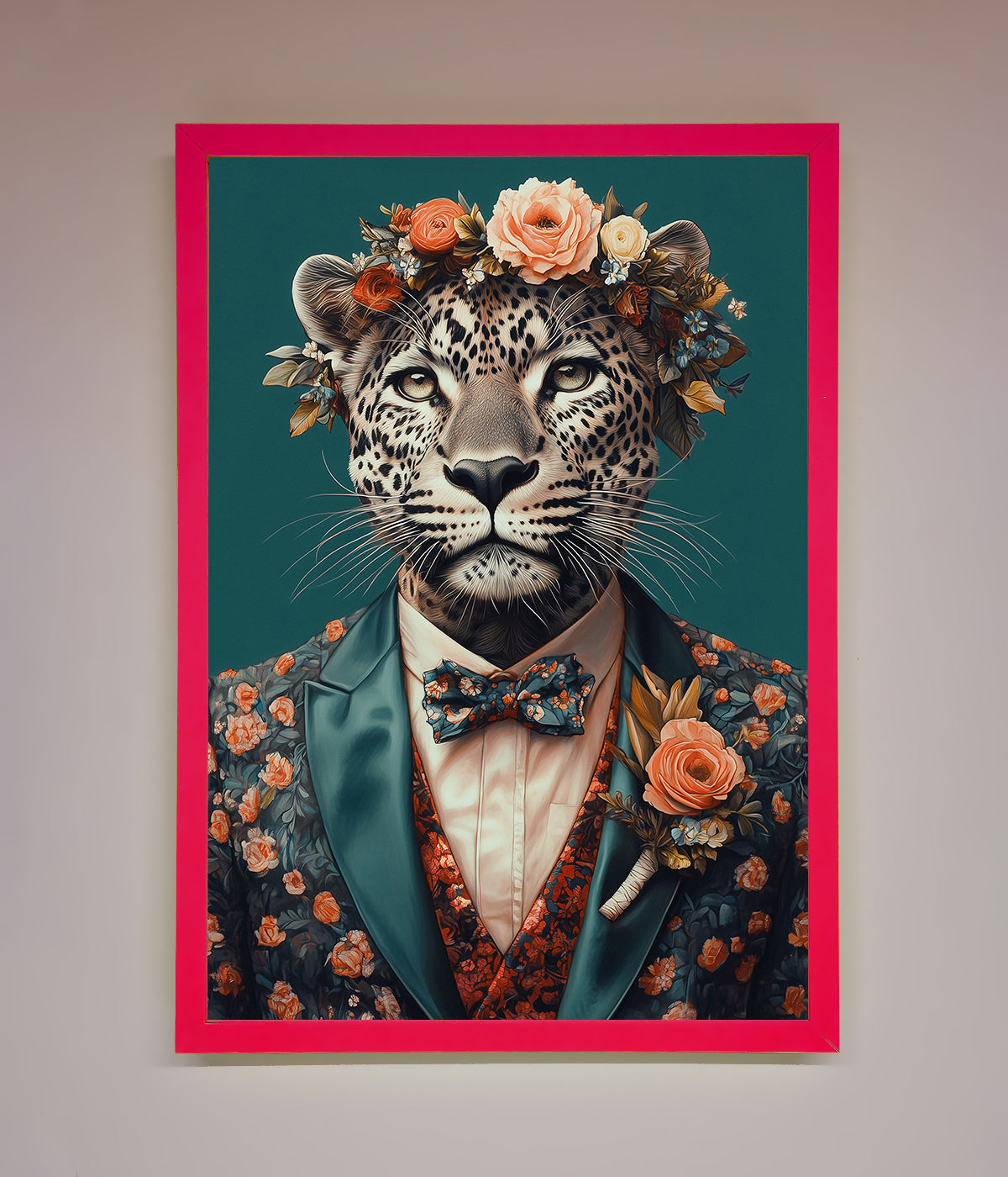 Leopard in a suit with flowers framed print; vibrant and elegant wall art.