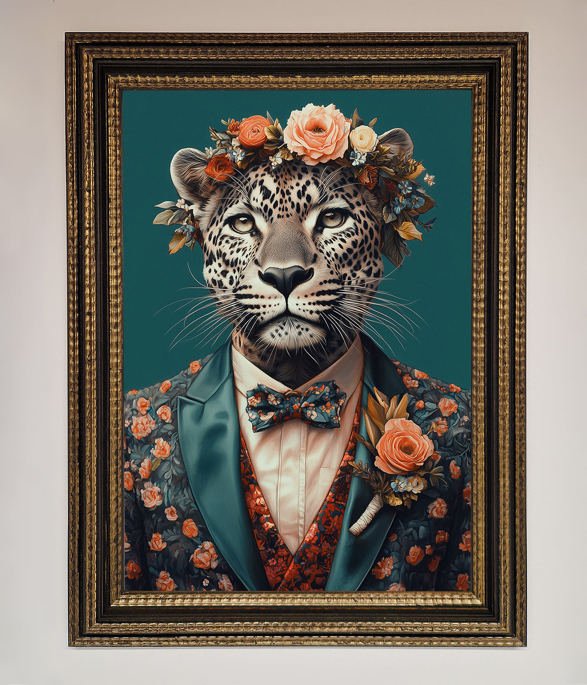 Leopard in a suit with flowers framed print, elegant and whimsical wall art.