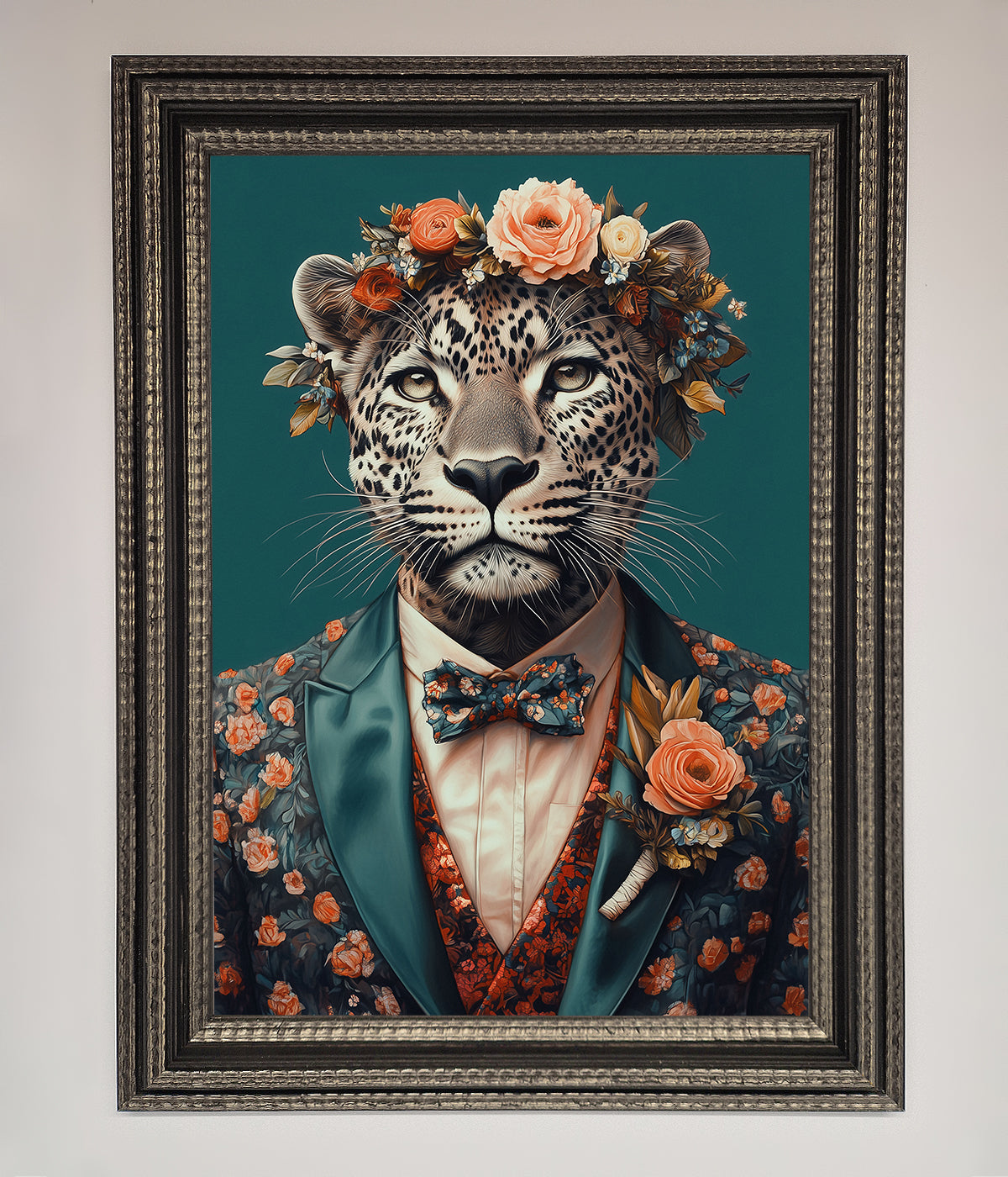 Leopard in a suit adorned with flowers framed print, adding elegance and whimsy to decor.