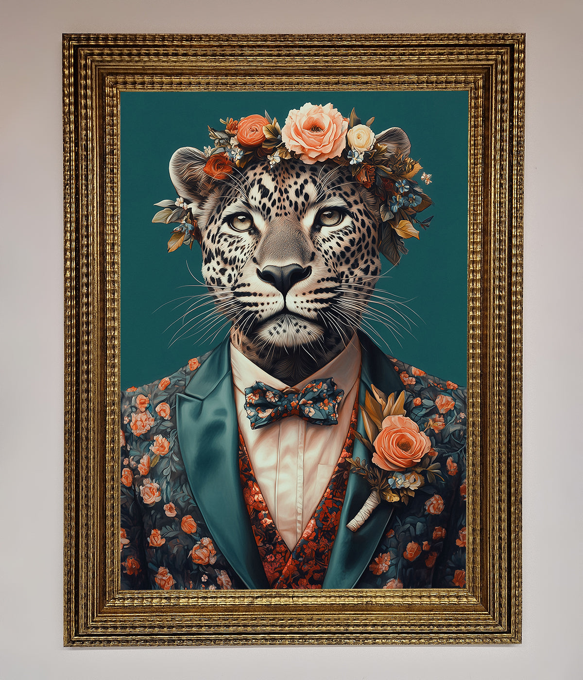 Leopard in a suit with flowers framed print, elegant artwork, home decor.