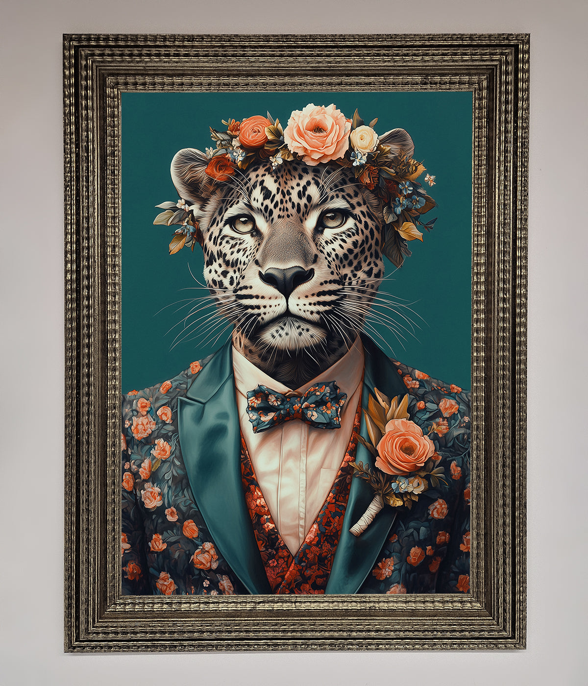 Leopard in a suit with floral decor framed print.