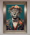 Leopard in a suit with flowers framed print, elegant decor art.