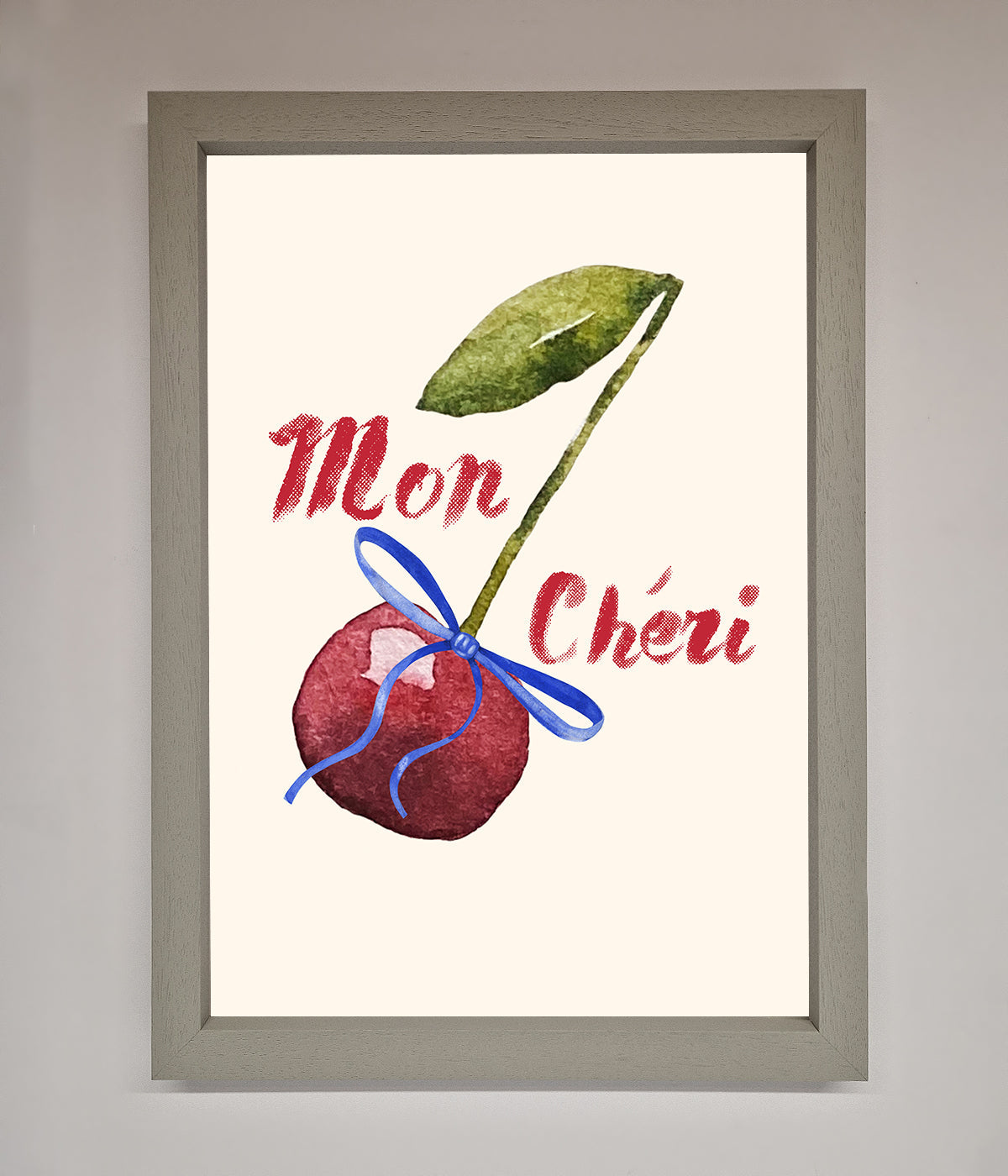 Mon Cheri Cherry Framed Wall Art featuring vibrant cherry with leaf and text.