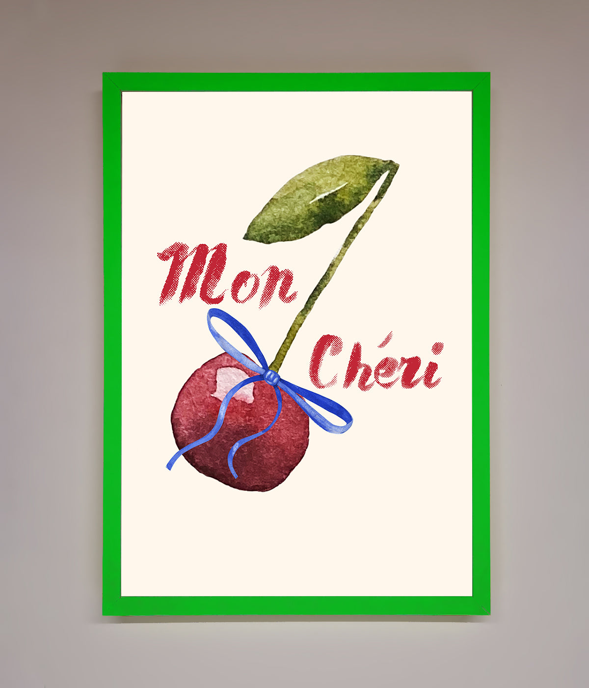 Mon Cheri Cherry Framed Wall Art featuring vibrant cherry design in green frame.