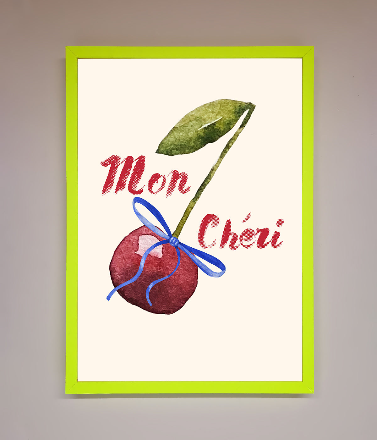 Mon Cheri Cherry Framed Wall Art with vibrant cherry illustration in green frame.