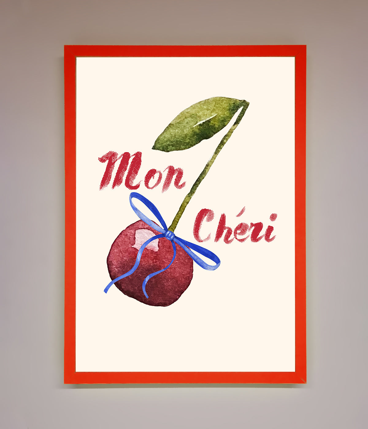 Mon Cheri Cherry Framed Wall Art with ripe cherry illustration.