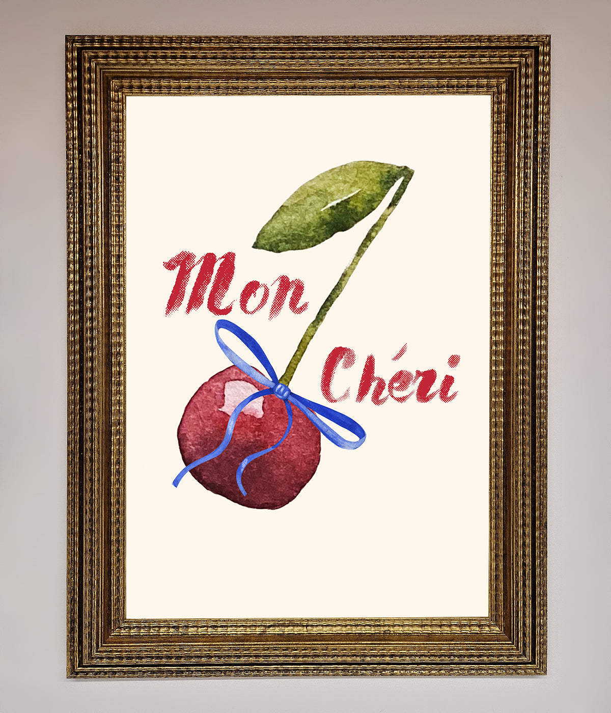 Mon Cheri Cherry Framed Wall Art with ripe cherry illustration, perfect for home decor.