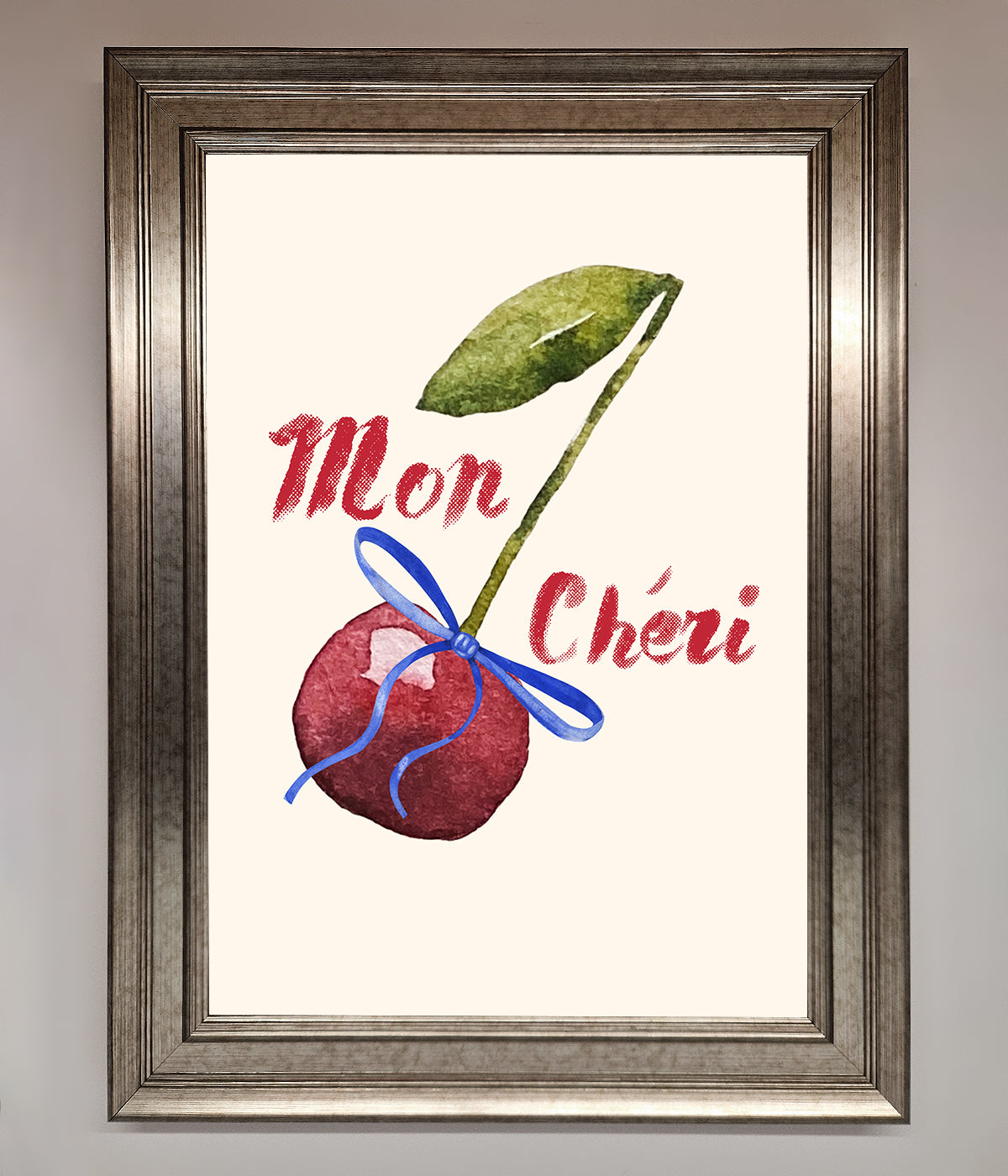 Mon Cheri Cherry framed wall art with ripe cherry illustration.