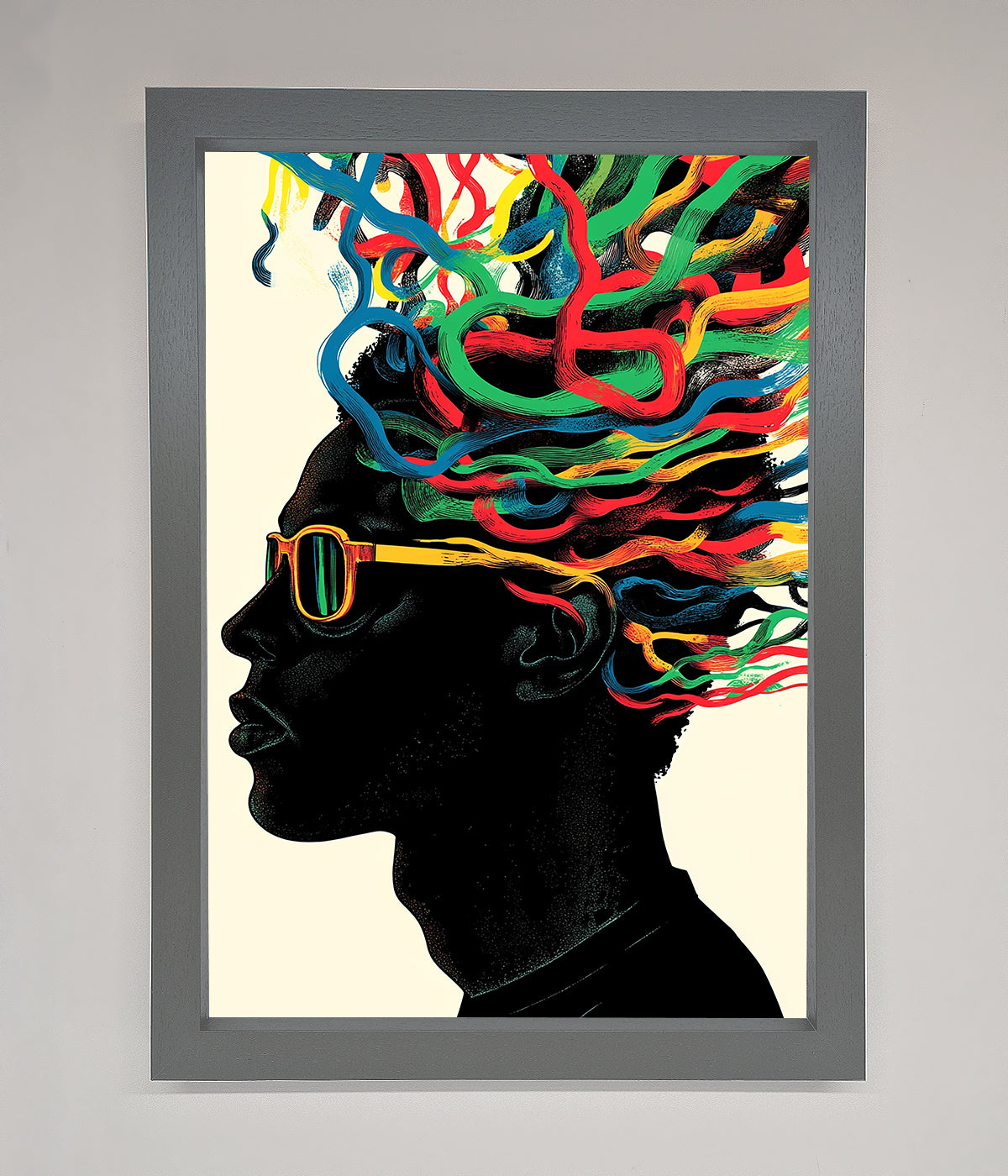 Multicolour Noodle Hair Framed Print showcasing vibrant hair design and bold colors.