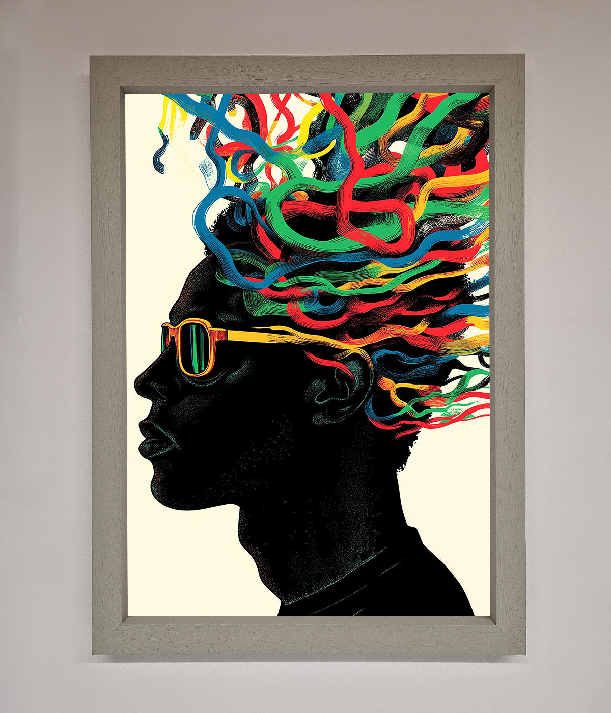 Multicolour Noodle Hair Framed Print with vibrant, whimsical design and sleek frame.