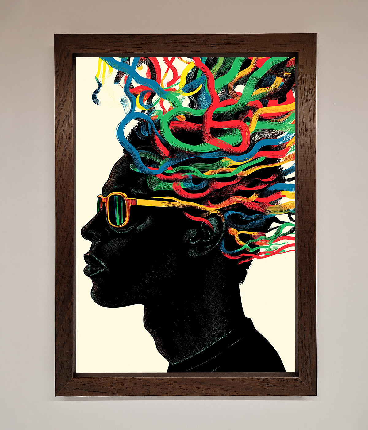 Framed print featuring vibrant multicolour noodle hair design.