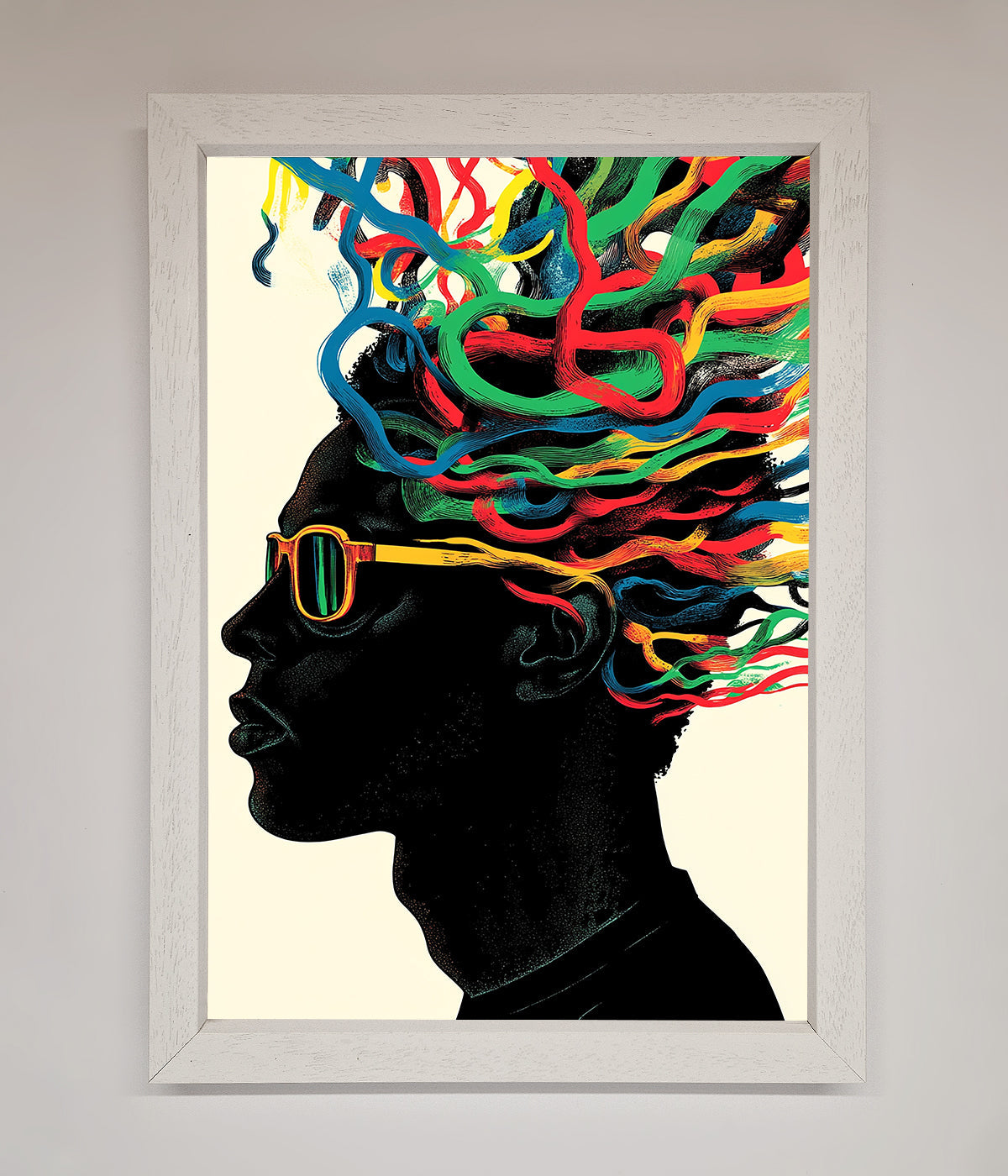 Framed print of a silhouette with multicolored noodle hair in a vibrant and playful design.