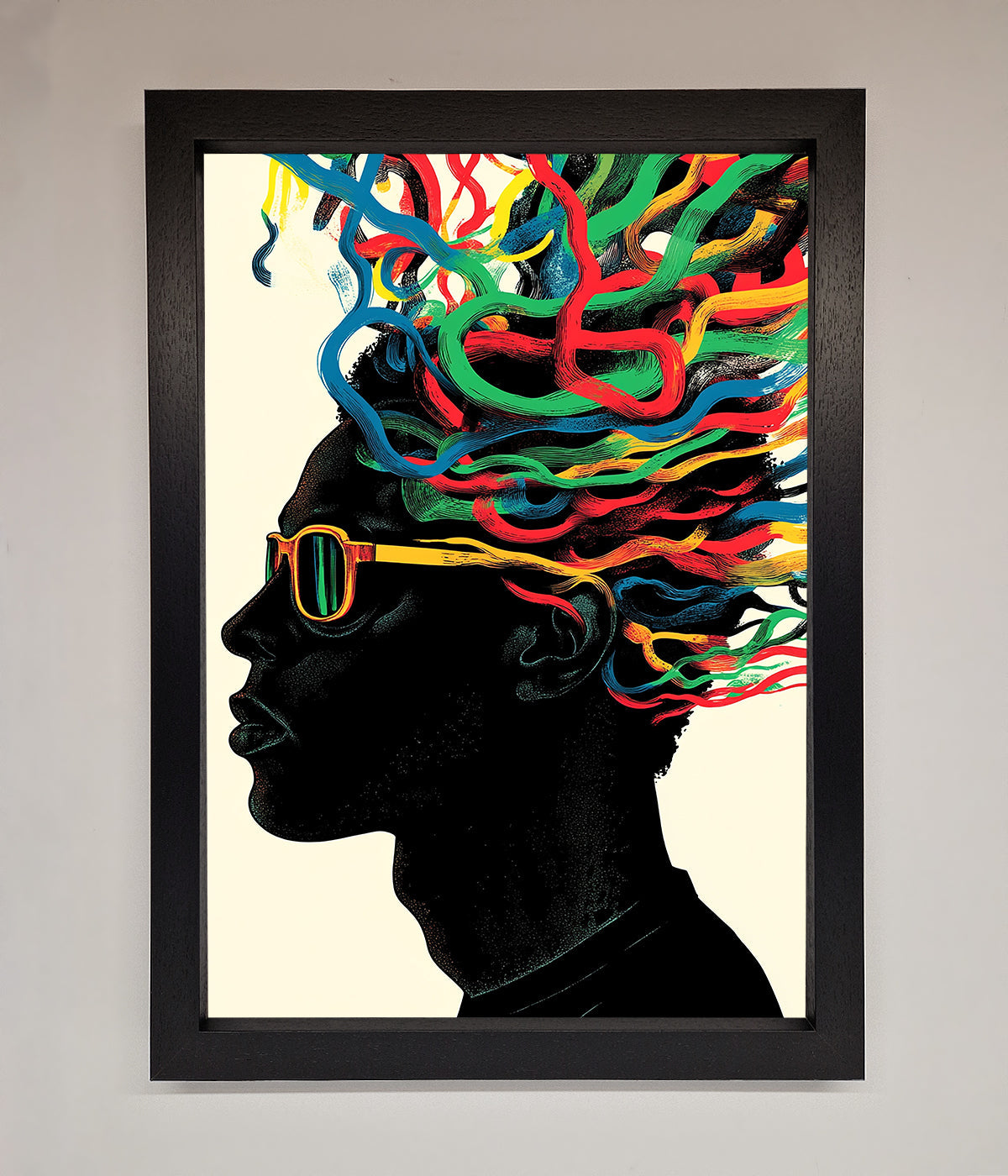 Multicolour Noodle Hair framed print with vibrant, whimsical design in black frame.