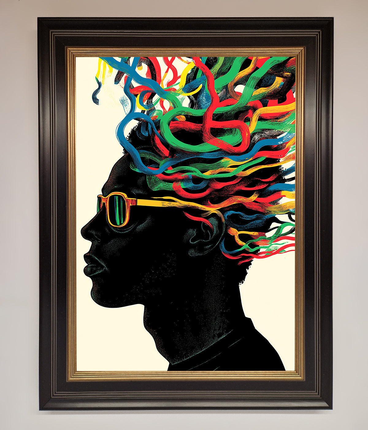 Multicolour Noodle Hair framed print with vibrant design and playful colors.