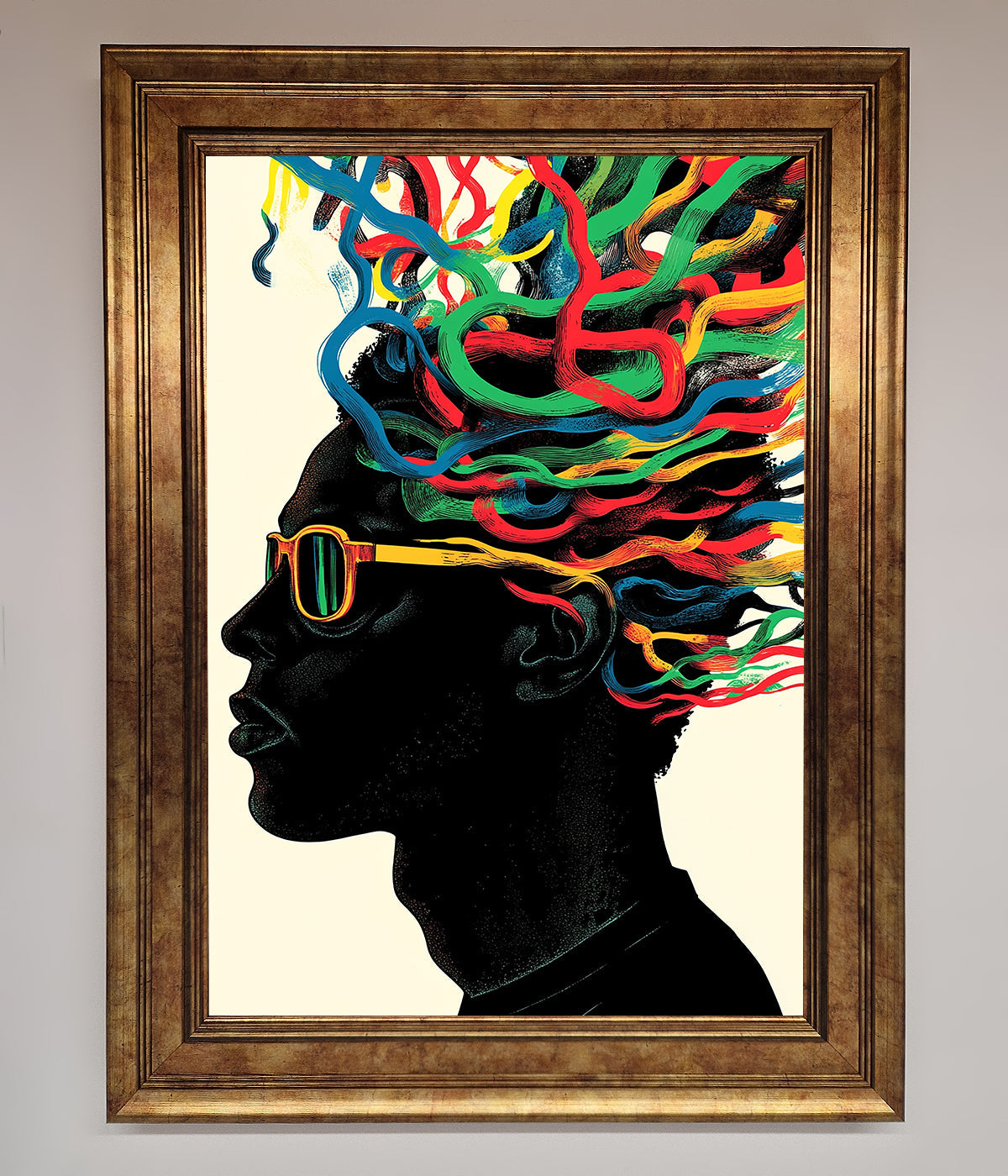 Multicolour Noodle Hair framed print with vibrant hair design and golden frame.